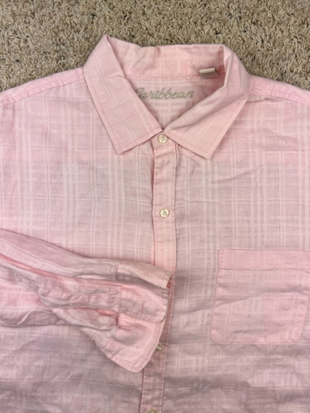 Caribbean LINEN Blend Long Sleeve Pink Shirt Size XL Button Up Casual w Pocket